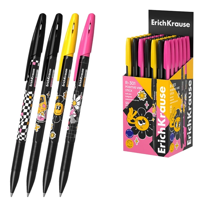 ErichKrause R-301 Stick Positive Vibe Boligrafo con Capuchon - Modelos Surtidos - Trazo 0.35mm - Tinta de Secado Rapido - Tapa Ventilada - Color Azul 1