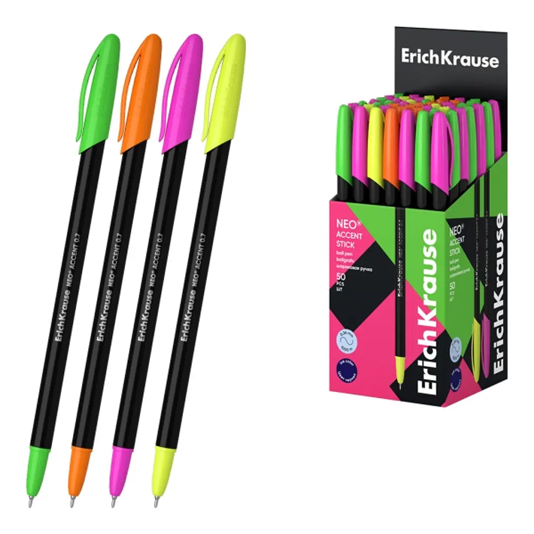 ErichKrause Neo Stick Accent Boligrafo con Capuchon - Modelos Surtidos - Trazo 0.26mm - Tinta de Baja Viscosidad - Color Azul 1