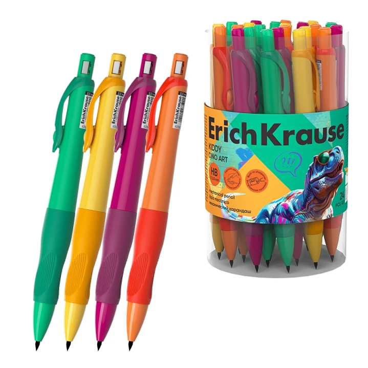 ErichKrause Kiddy Dino Art Portaminas - Mina HB de 2.0mm - Agarre de Goma - Motivo de Dinosaurios - Colores Surtidos 1