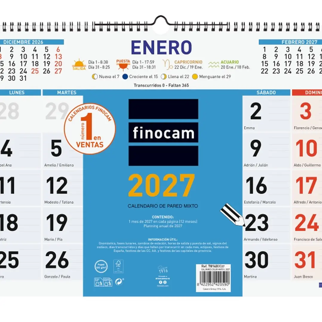 Finocam Color Calendario de Pared - Anual 2027 - Mes Vista - Formato L - 430x310mm - Espiral Doble - Papel de 120g/m2 - Color Azul y Blanco 1