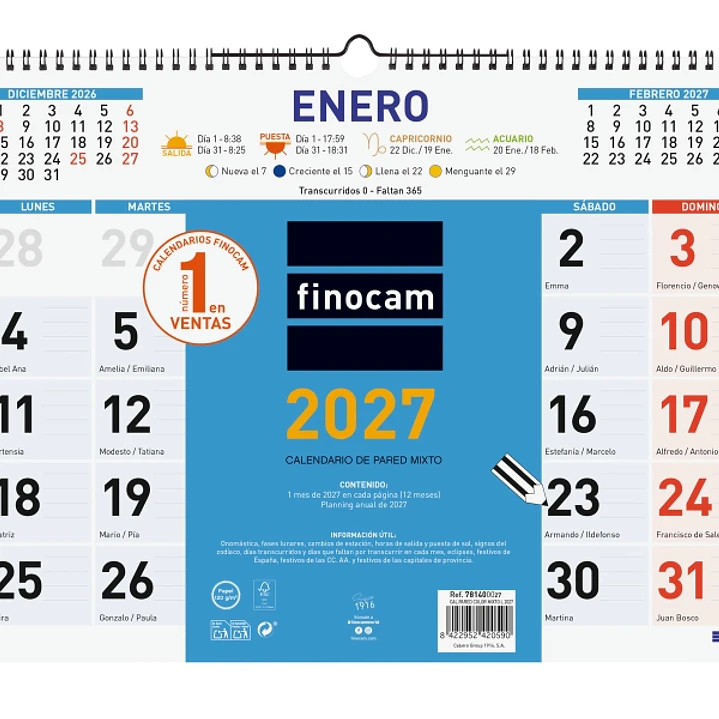 Finocam Color Calendario de Pared - Anual 2027 - Mes Vista - Formato L - 430x310mm - Espiral Doble - Papel de 120g/m2 - Color Azul y Blanco 1