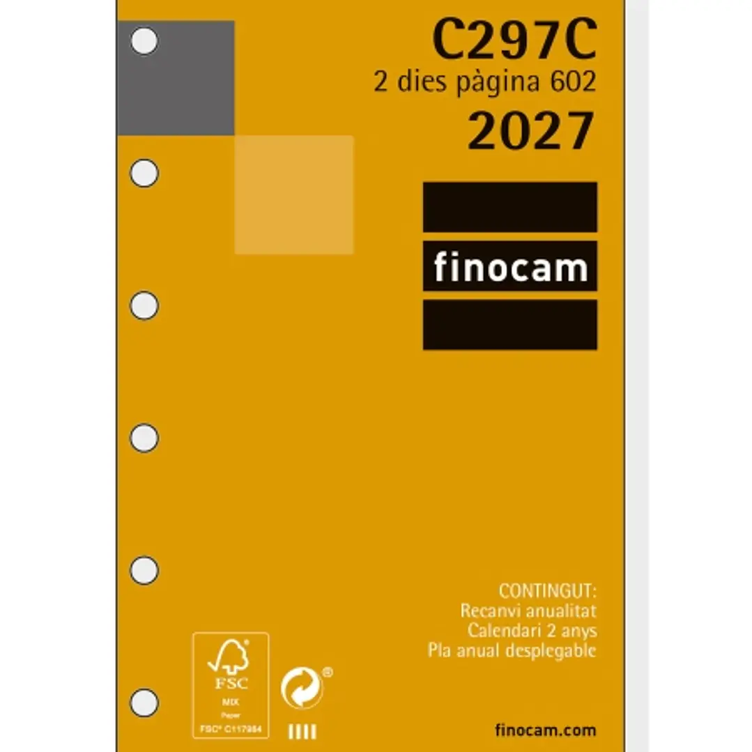 Finocam C297C Recambio para Agenda Classic en Catalan - Anual 2027 - 2 Dias por Pagina - Formato 602 - 73x114mm - 6 Taladros - Papel de 70g/m2 - Esqui 1