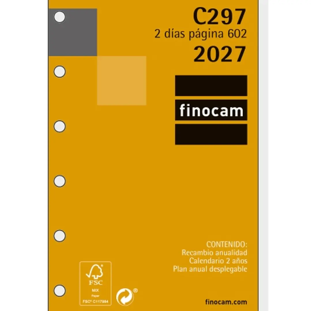 Finocam C297 Recambio para Agenda Classic - Anual 2027 - 2 Dias por Pagina - Formato 602 - 73x114mm - 6 Taladros - Papel de 70g/m2 - Esquinas Microper 1