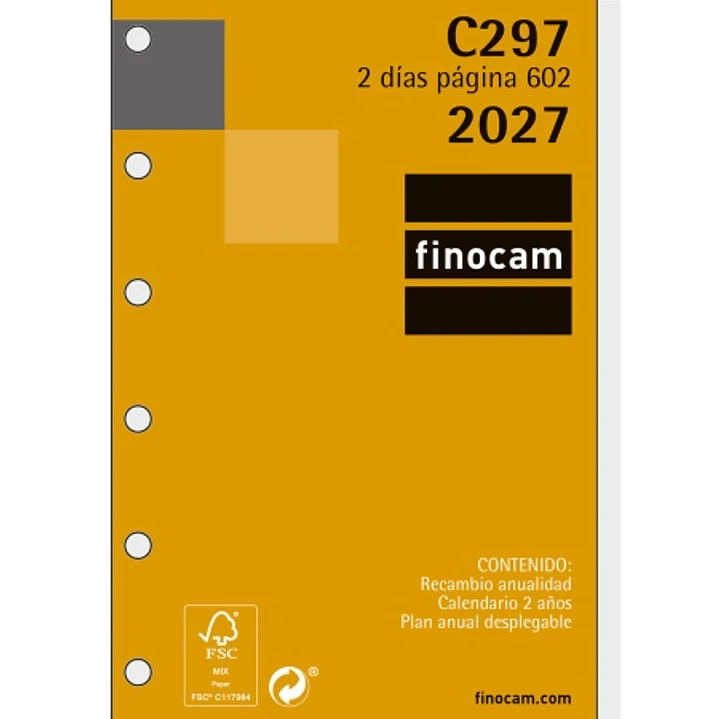 Finocam C297 Recambio para Agenda Classic - Anual 2027 - 2 Dias por Pagina - Formato 602 - 73x114mm - 6 Taladros - Papel de 70g/m2 - Esquinas Microper 1