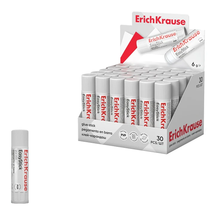 ErichKrause EasyStick Expositor con 30 Pegamentos en Barra - 6g - No Toxico - Secado Rapido - sin Disolventes - Multisuperficie - Color Blanco 1