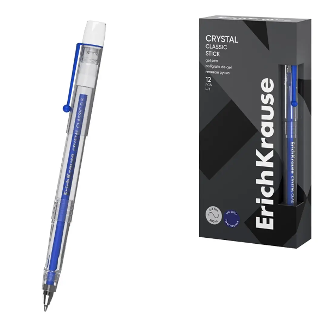 ErichKrause Crystal Stick Classic Boligrafo con Capuchon - Punta de 0.5mm - Trazo 0.4mm - Tinta de Gel - Resistente al Agua - Secado Rapido - Color Az 1