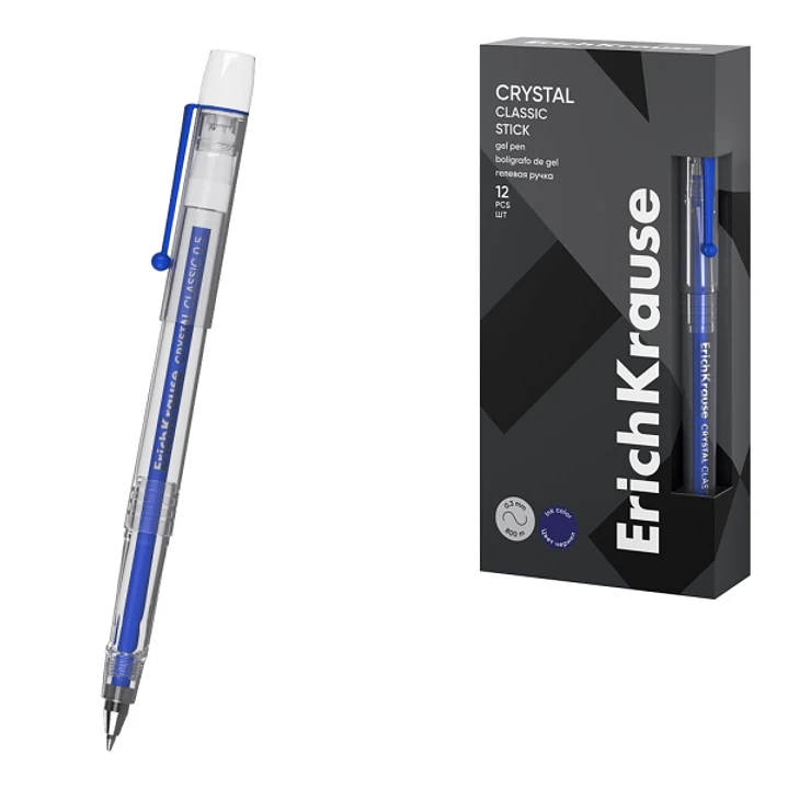 ErichKrause Crystal Stick Classic Boligrafo con Capuchon - Punta de 0.5mm - Trazo 0.4mm - Tinta de Gel - Resistente al Agua - Secado Rapido - Color Az 1