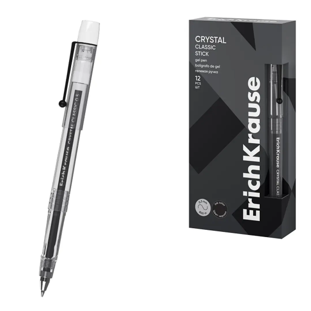 ErichKrause Crystal Stick Classic Boligrafo con Capuchon - Punta de 0.5mm - Trazo 0.4mm - Tinta de Gel - Resistente al Agua - Secado Rapido - Color Ne 1