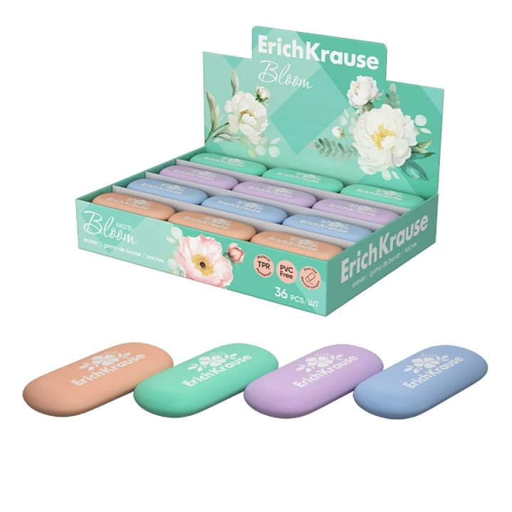 ErichKrause Pastel Bloom Expositor con 36 Gomas de Borrar - Caucho Termoplastico - No Deja Residuos - No Rasga el Papel - Libre de PVC - Colores Surti 1