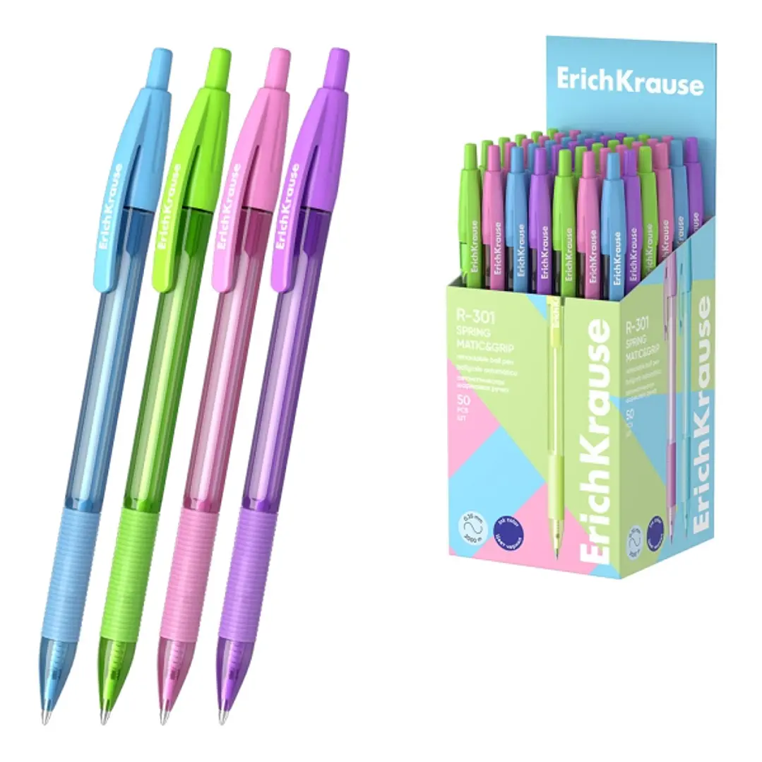 ErichKrause R-301 Matic and Grip Spring Boligrafo Retractil - Modelos Surtidos - Trazo 0.35mm - Zona de Agarre de Goma - Color Azul 1