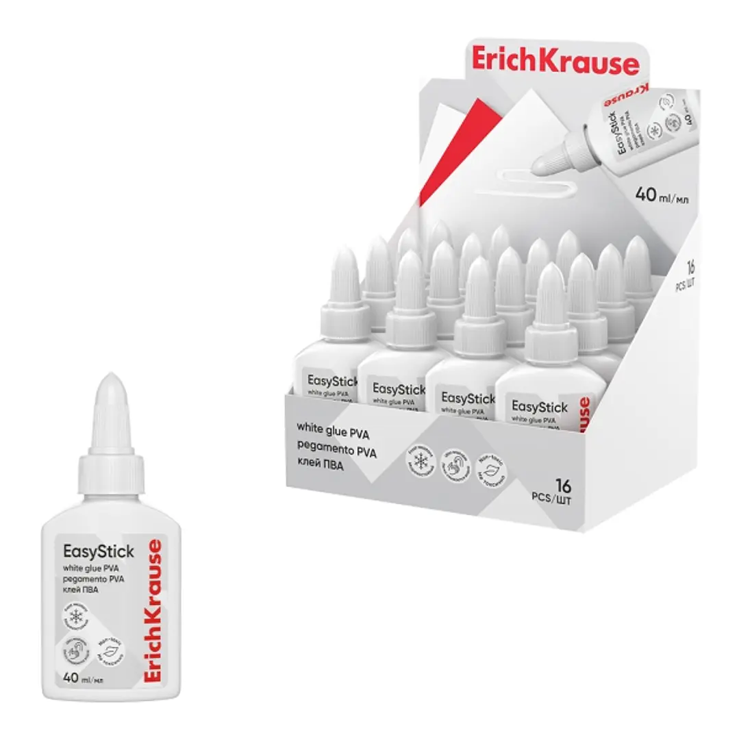 ErichKrause EasyStick Expositor con 16 Botellas de Cola Blanca PVA - 40ml - No Toxico - sin Disolventes - Multisuperficie - Color Blanco 1