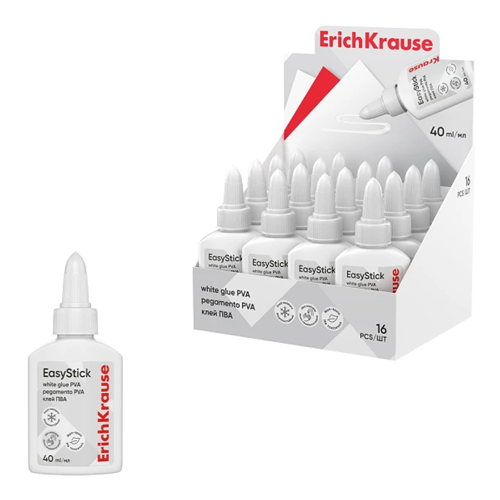 ErichKrause EasyStick Expositor con 16 Botellas de Cola Blanca PVA - 40ml - No Toxico - sin Disolventes - Multisuperficie - Color Blanco 1
