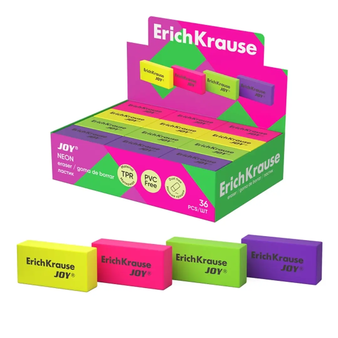 ErichKrause JOY Neon Expositor con 36 Gomas de Borrar - Caucho Termoplastico - Hipoalergenico - Libre de PVC - Colores Surtidos 1