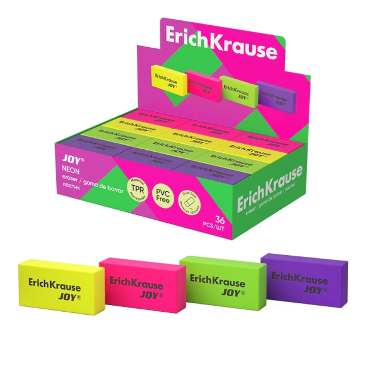 ErichKrause JOY Neon Expositor con 36 Gomas de Borrar - Caucho Termoplastico - Hipoalergenico - Libre de PVC - Colores Surtidos 1