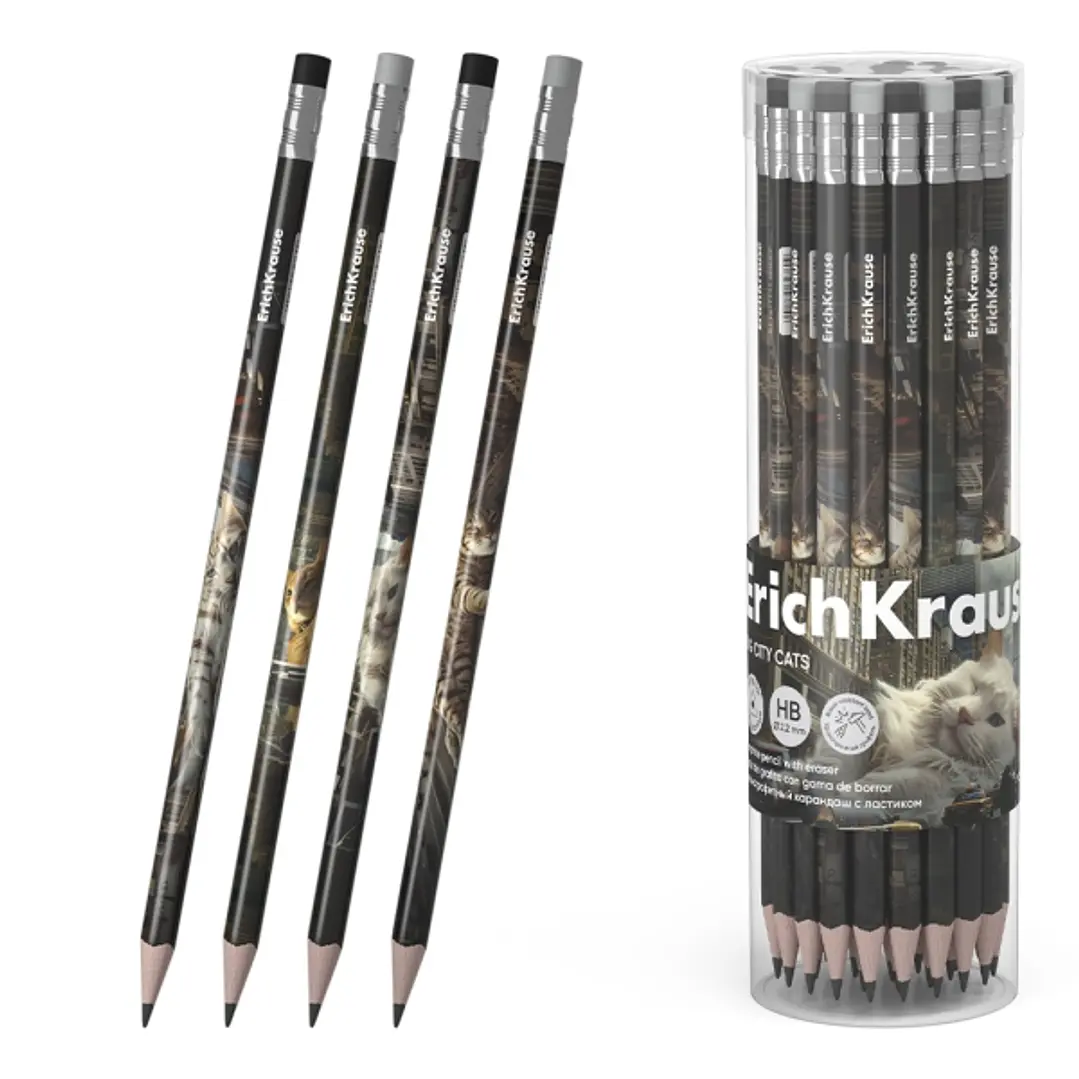 ErichKrause Big City Cats Lapiz de Grafito con Goma de Borrar - Mina HB - Cuerpo Triangular - Agarre Ergonomico - Colores Surtidos 1