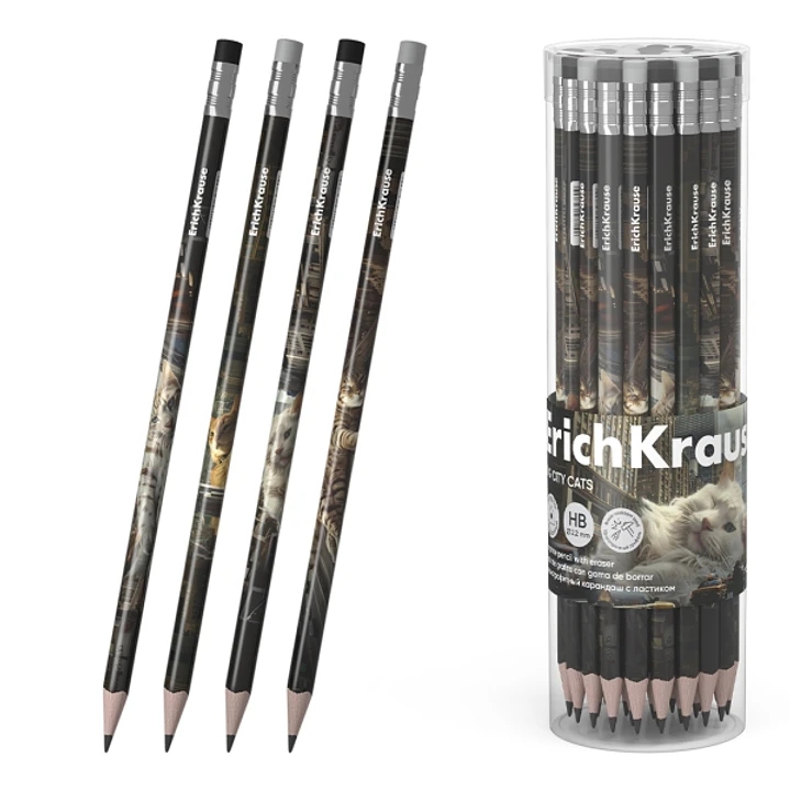 ErichKrause Big City Cats Lapiz de Grafito con Goma de Borrar - Mina HB - Cuerpo Triangular - Agarre Ergonomico - Colores Surtidos 1