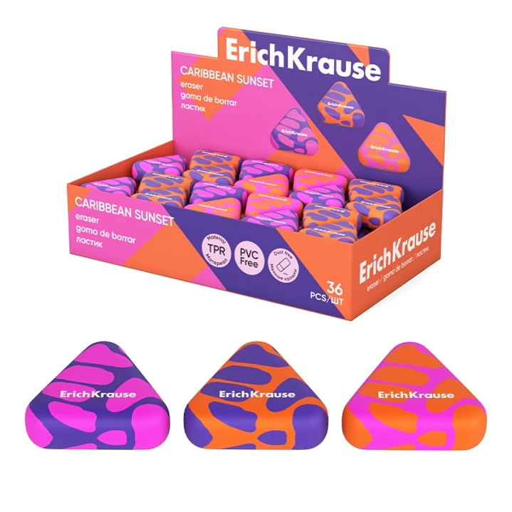 ErichKrause Caribbean Sunset Expositor con 36 Gomas de Borrar - Caucho Termoplastico - Hipoalergenico - Libre de Polvo y PVC - Colores Surtidos 1