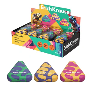 ErichKrause Dino Art Expositor con 36 Gomas de Borrar - Caucho Termoplastico - No Deja Residuos - No Rasga el Papel - Libre de PVC - Colores Surtidos