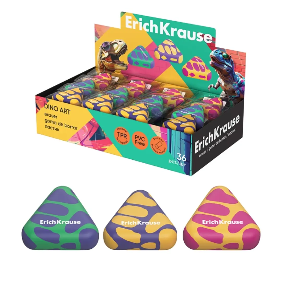 ErichKrause Dino Art Expositor con 36 Gomas de Borrar - Caucho Termoplastico - No Deja Residuos - No Rasga el Papel - Libre de PVC - Colores Surtidos 1