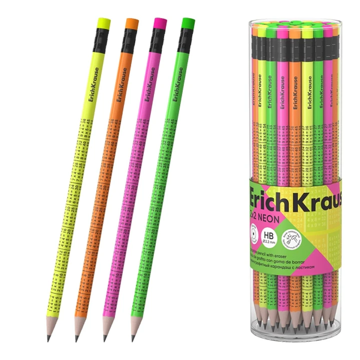 ErichKrause 2x2 Neon Lapiz de Grafito con Goma de Borrar - Mina HB de 2.2mm - Cuerpo Redondo - Colores Surtidos 1