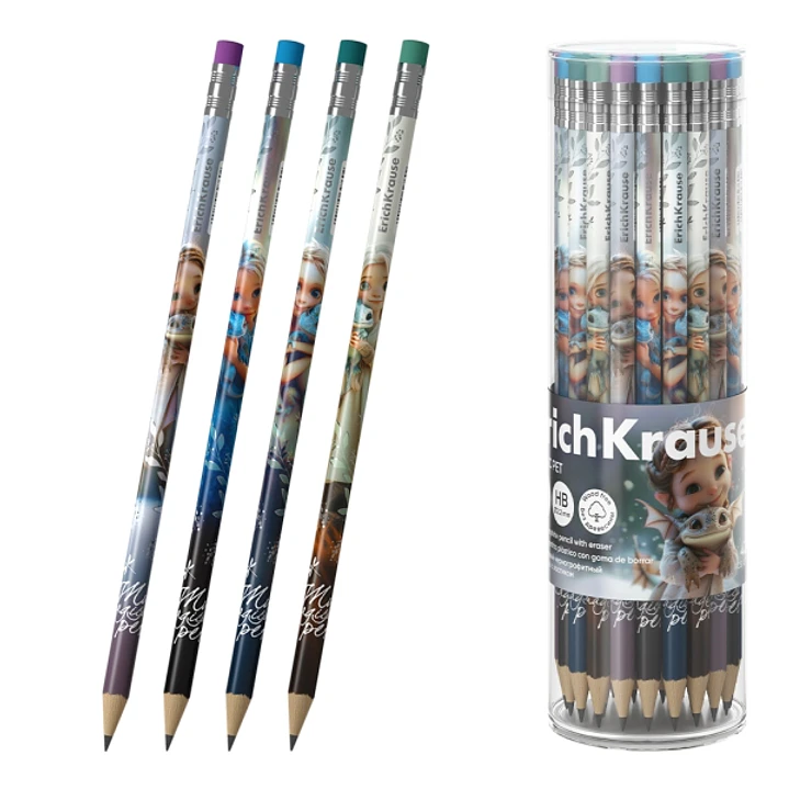 ErichKrause Magic Pet Lapiz de Grafito con Goma de Borrar - Mina HB - Cuerpo Redondo - Plastico - Colores Surtidos 1
