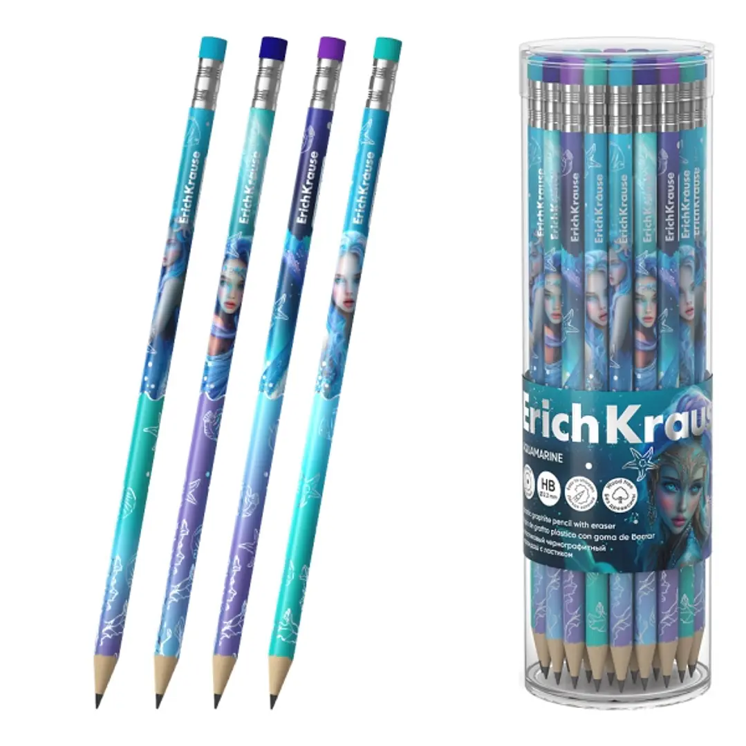 ErichKrause Aquamarine Lapiz de Grafito con Goma de Borrar - Mina HB - Cuerpo Redondo - Plastico - Agarre Ergonomico - Colores Surtidos 1