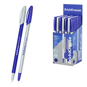 ErichKrause Neo Stick Metallic Boligrafo con Capuchon - Modelos Surtidos - Trazo 0.26mm - Tinta de Baja Viscosidad - Tapa Ventilada - Color Azul