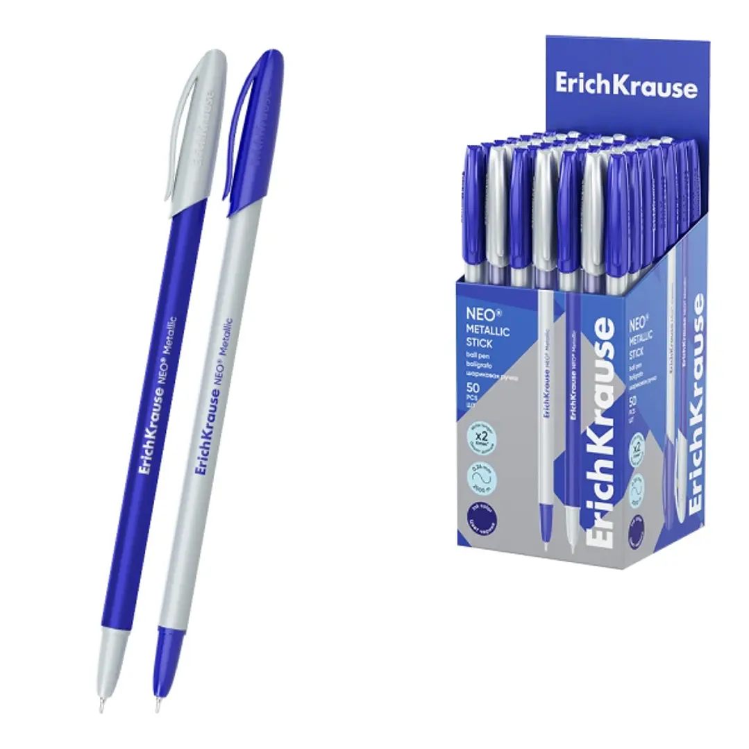 ErichKrause Neo Stick Metallic Boligrafo con Capuchon - Modelos Surtidos - Trazo 0.26mm - Tinta de Baja Viscosidad - Tapa Ventilada - Color Azul 1