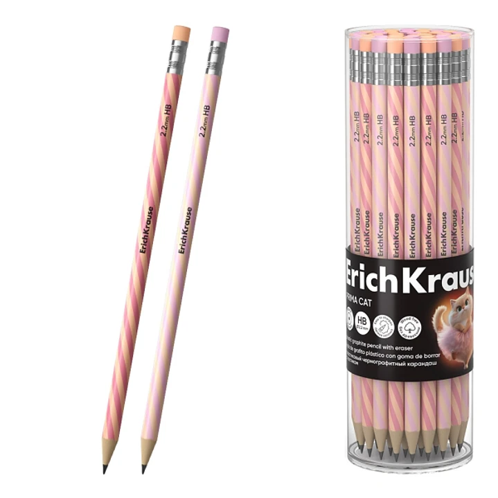 ErichKrause Prima Cat Lapiz de Grafito con Goma de Borrar - Mina HB - Cuerpo Redondo - Plastico - Agarre Ergonomico - Colores Surtidos 1