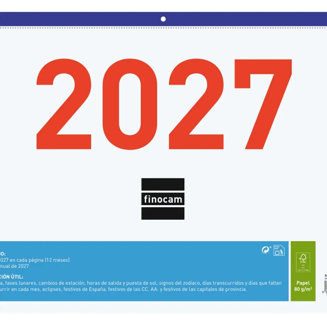 Finocam Calendario Faldilla - Anual 2027 - Mes Vista - Formato F94 - 430x310mm - Papel de 80g/m2 Microperforado - Numeros Grandes - Espacio para Notas 1