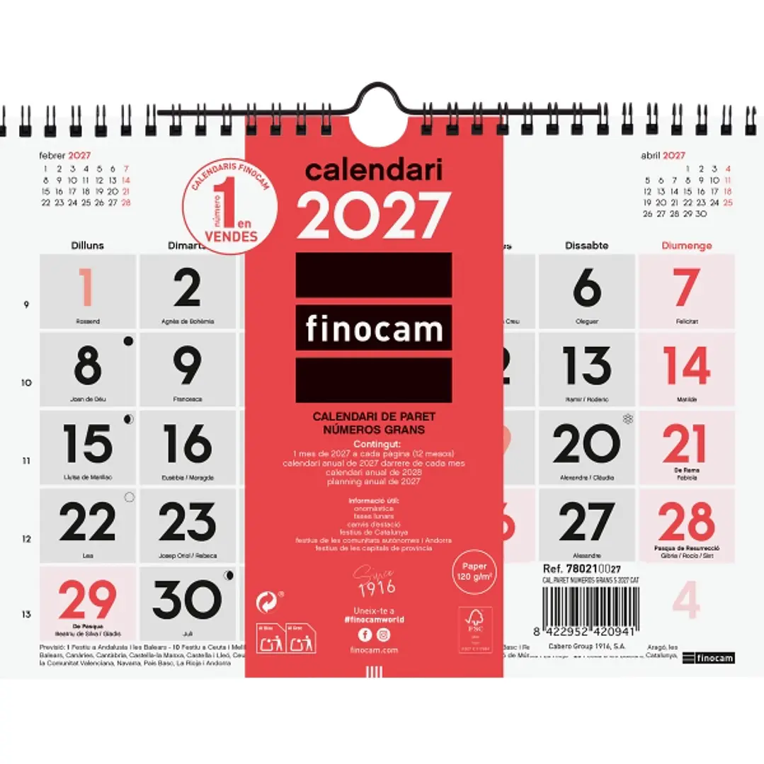 Finocam Neutro Calendario de Pared en Catalan - Anual 2027 - Mes Vista - Formato S - 210x150mm - Espiral Doble - Papel de 120g/m2 - Numeros Grandes -  1