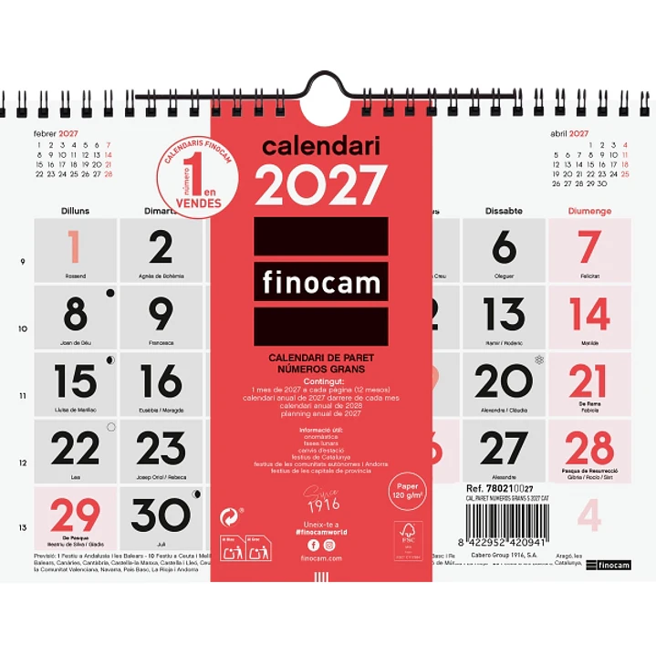 Finocam Neutro Calendario de Pared en Catalan - Anual 2027 - Mes Vista - Formato S - 210x150mm - Espiral Doble - Papel de 120g/m2 - Numeros Grandes -  1