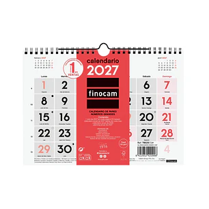 Finocam Neutro Calendario de Pared - Anual 2027 - Mes Vista - Formato S - 210x150mm - Espiral Doble - Papel de 120g/m2 - Numeros Grandes - Color Rojo 