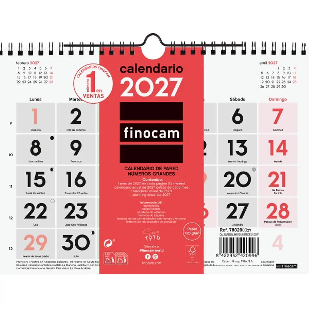 Finocam Neutro Calendario de Pared - Anual 2027 - Mes Vista - Formato S - 210x150mm - Espiral Doble - Papel de 120g/m2 - Numeros Grandes - Color Rojo  1