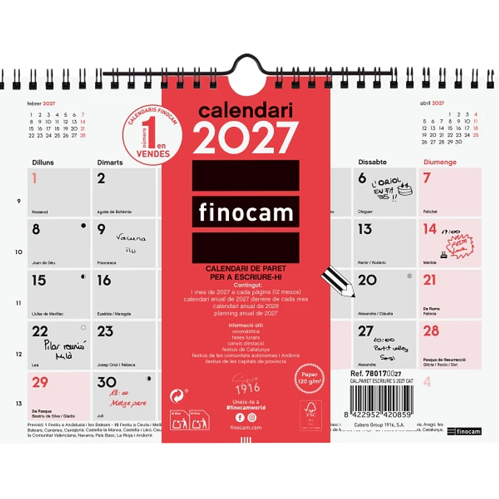 Finocam Neutro Calendario de Pared en Catalan - Anual 2027 - Mes Vista - Formato S - 210x150mm - Espiral Doble - Papel de 120g/m2 - Espacio para Escri 1