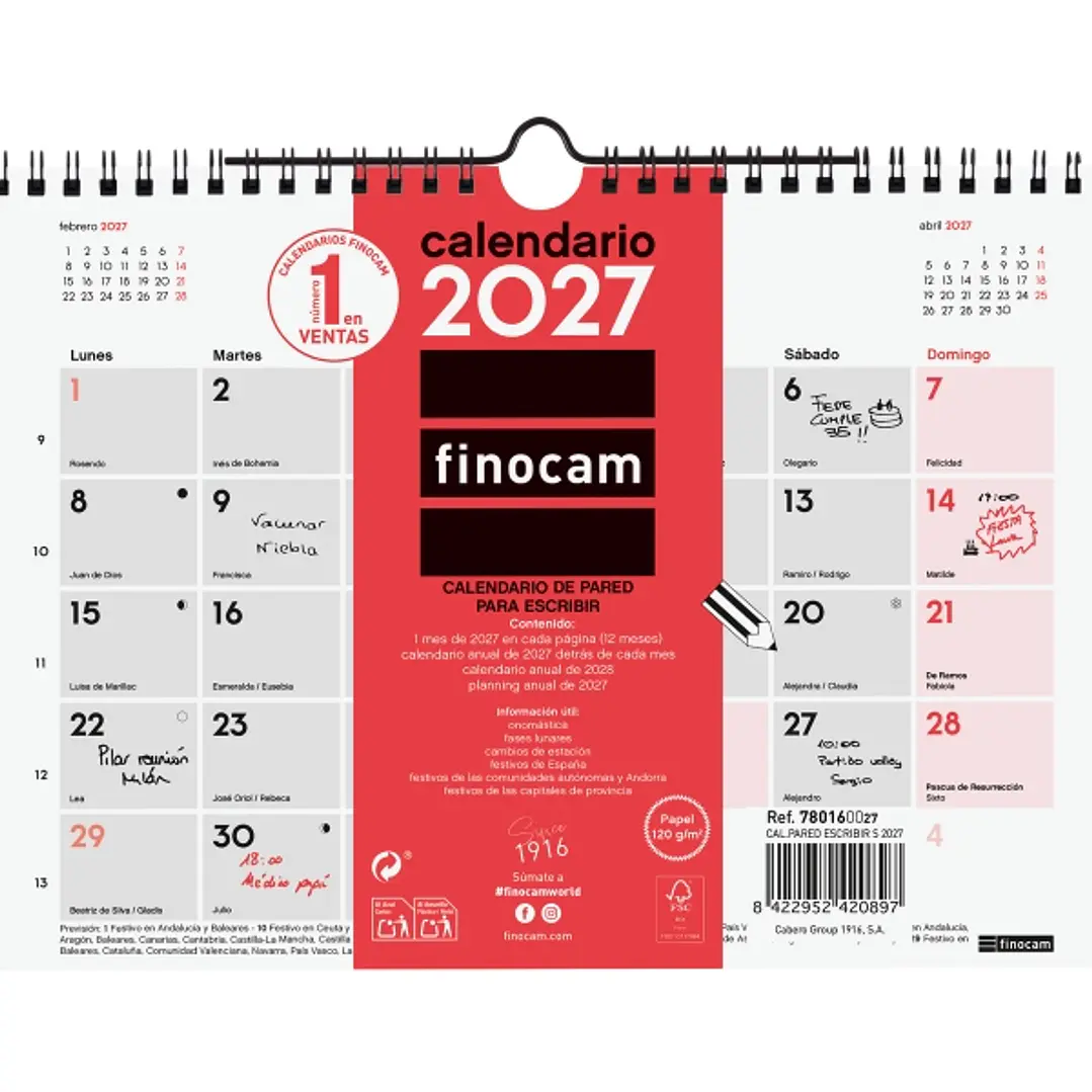 Finocam Neutro Calendario de Pared - Anual 2027 - Mes Vista - Formato S - 210x150mm - Espiral Doble - Papel de 120g/m2 - Espacio para Escribir - Color 1