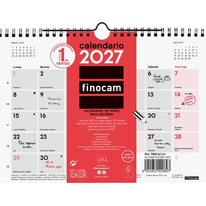 Finocam Neutro Calendario de Pared - Anual 2027 - Mes Vista - Formato S - 210x150mm - Espiral Doble - Papel de 120g/m2 - Espacio para Escribir - Color 1