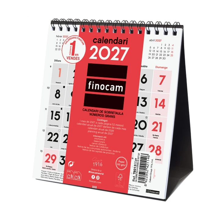 Finocam Neutro Calendario de Sobremesa en Catalan - Anual 2027 - Mes Vista - Formato XS - 140x150mm - Espiral Doble - Papel de 120g/m2 - Numeros Grand 1