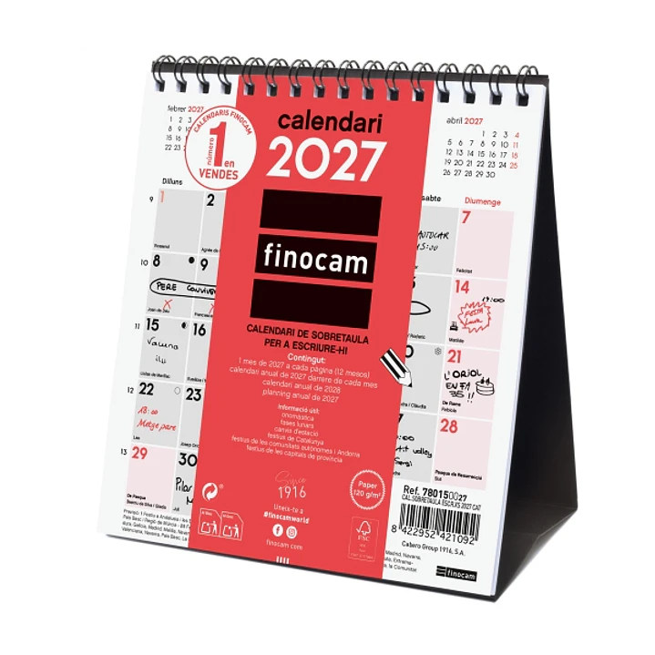 Finocam Neutro Calendario de Sobremesa en Catalan - Anual 2027 - Mes Vista - Formato XS - 140x150mm - Espiral Doble - Papel de 120g/m2 - Espacio para  1