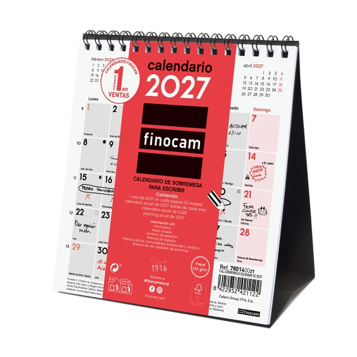 Finocam Neutro Calendario de Sobremesa - Anual 2027 - Mes Vista - Formato XS - 140x150mm - Espiral Doble - Papel de 120g/m2 - Espacio para Escribir -  1