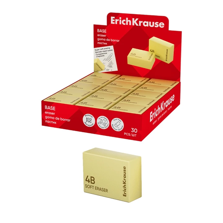 ErichKrause Base Expositor con 30 Gomas de Borrar - PVC Ecologico - Borrado Suave - No Deja Residuos - No Rasga el Papel - Color Amarillo 1