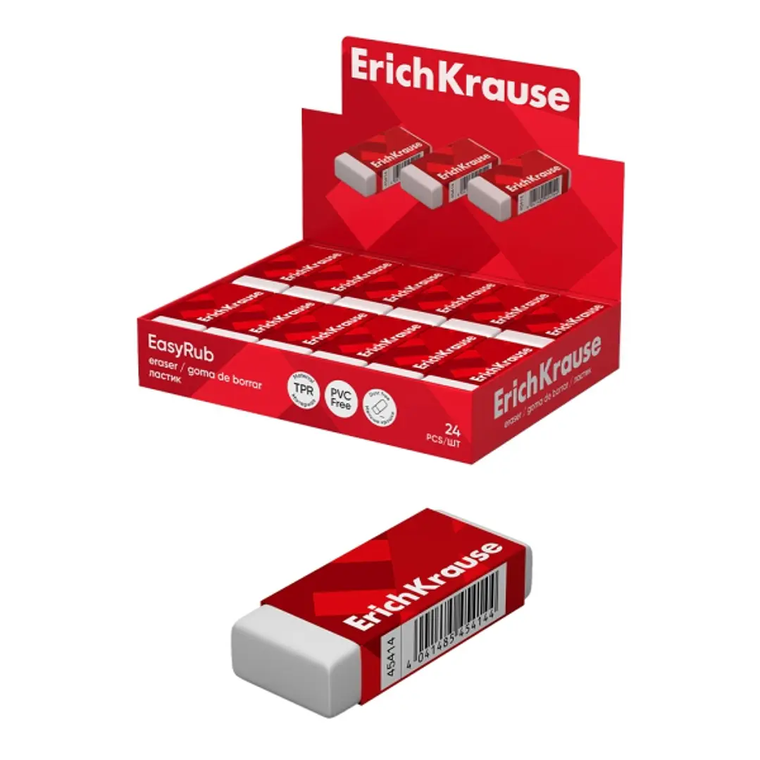 ErichKrause EasyRub Expositor con 24 Gomas de Borrar - Caucho Termoplastico - Hipoalergenico - Libre de PVC - Color Blanco 1