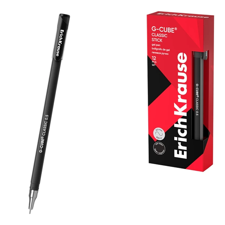 ErichKrause G-Cube Stick Classic Boligrafo con Capuchon - Punta de 0.5mm - Trazo 0.4mm - Tinta de Gel - Resistente al Agua - Secado Rapido - Color Neg 1