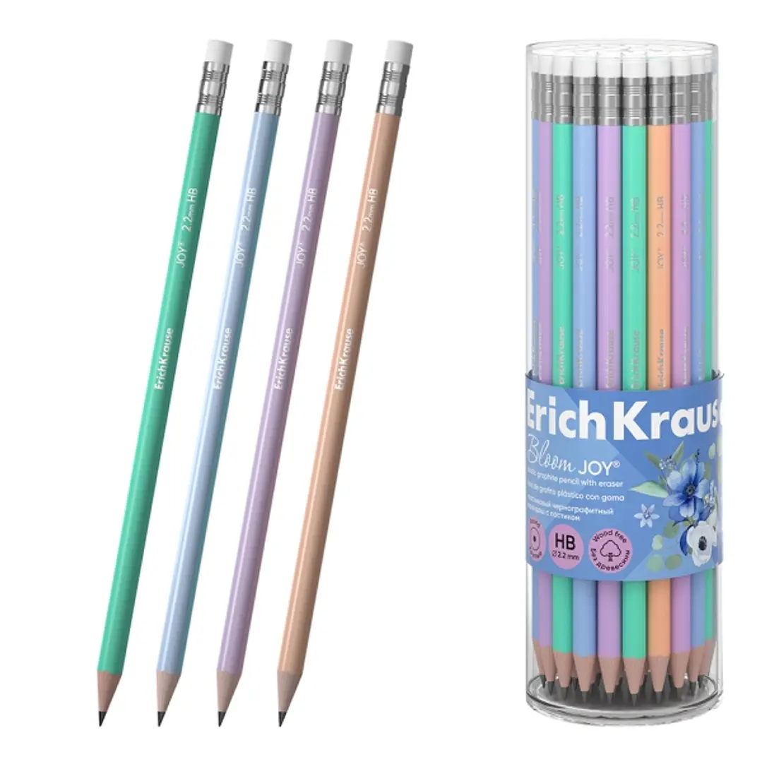 ErichKrause JOY Pastel Bloom Lapiz de Grafito con Goma de Borrar - Mina HB - Cuerpo Redondo - Plastico - Agarre Ergonomico - Colores Surtidos 1