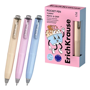 ErichKrause Pocket Pen Matic and Grip Yummy Boligrafo Retractil - Modelos de Cuerpo Surtidos - Trazo 0.4mm - Zona de Agarre de Goma - Color Azul