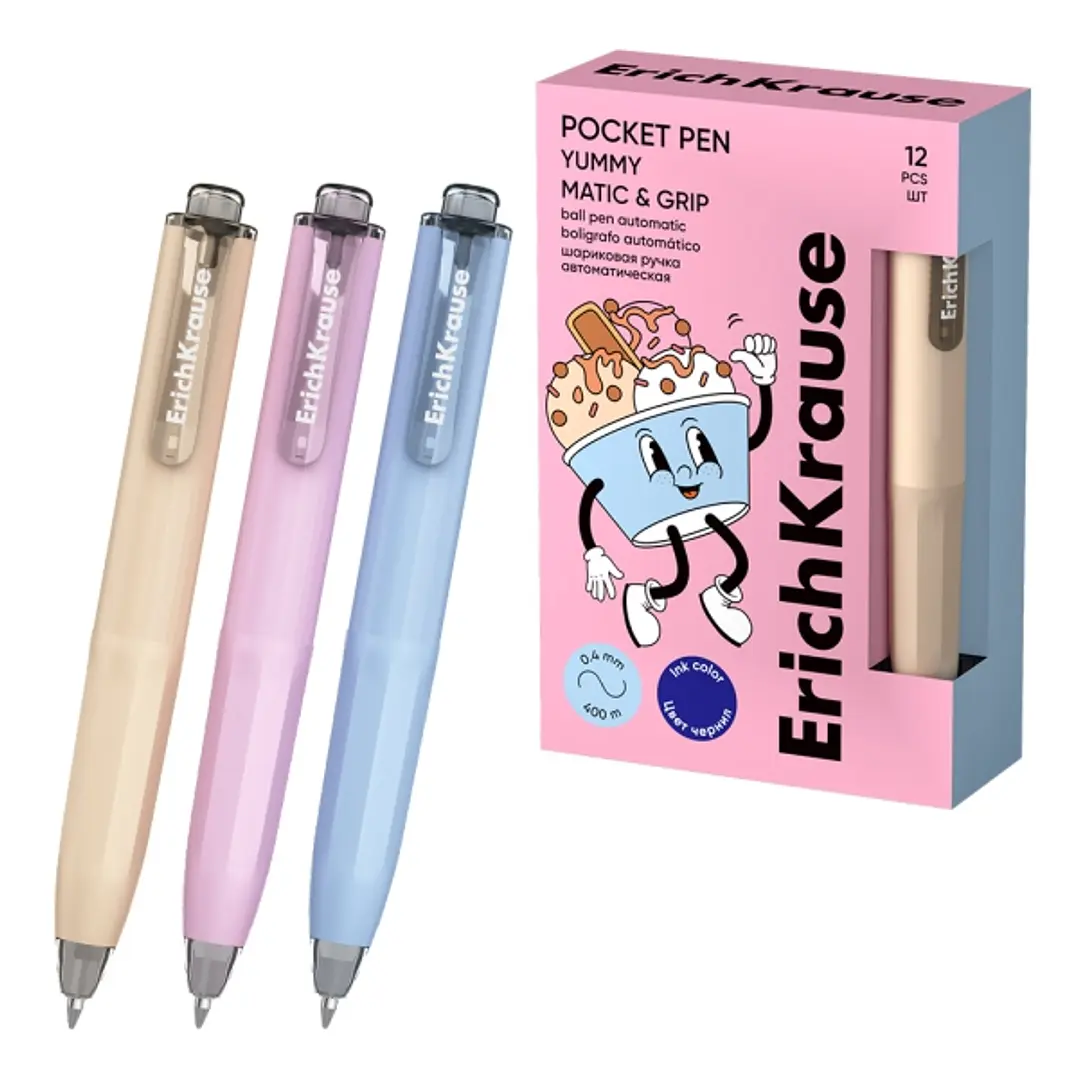 ErichKrause Pocket Pen Matic and Grip Yummy Boligrafo Retractil - Modelos de Cuerpo Surtidos - Trazo 0.4mm - Zona de Agarre de Goma - Color Azul 1