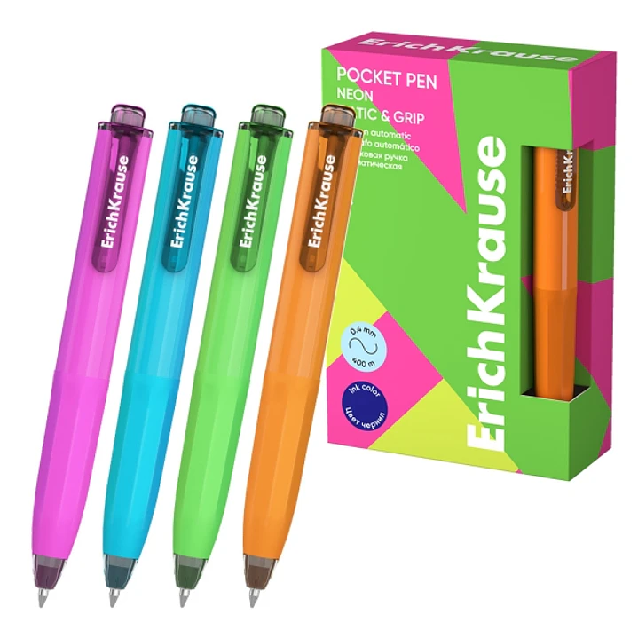 ErichKrause Pocket Pen Matic and Grip Neon Boligrafo Retractil - Modelos de Cuerpo Surtidos - Trazo 0.4mm - Zona de Agarre de Goma - Color Azul 1