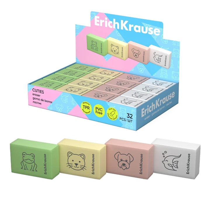 ErichKrause Cuties Expositor con 32 Gomas de Borrar - Caucho Termoplastico - No Deja Residuos - Libre de PVC - Colores Surtidos 1