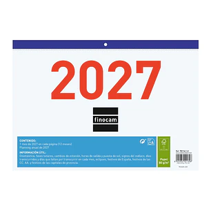 Finocam Calendario Faldilla - Anual 2027 - Mes Vista - Formato F93 - 300x210mm - Papel de 80g/m2 Microperforado - Numeros Grandes - Color Azul y Blanc