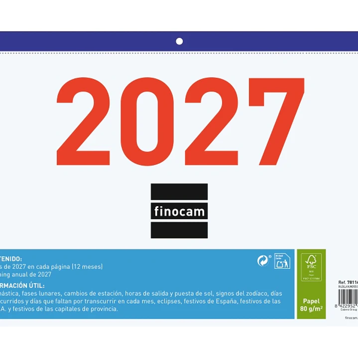 Finocam Calendario Faldilla - Anual 2027 - Mes Vista - Formato F93 - 300x210mm - Papel de 80g/m2 Microperforado - Numeros Grandes - Color Azul y Blanc 1